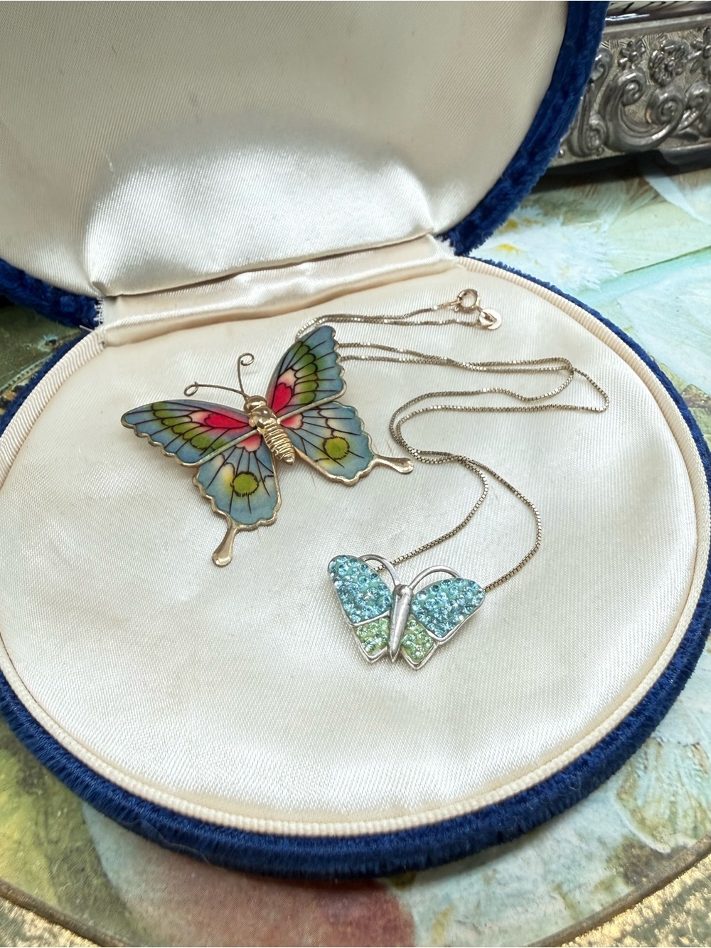 Vintage Ombré Butterfly Silver Necklace & Brooch